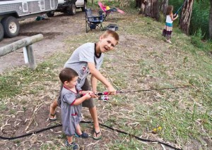 Trying to fish in the Murray River with his brother, Peter who's ten.
